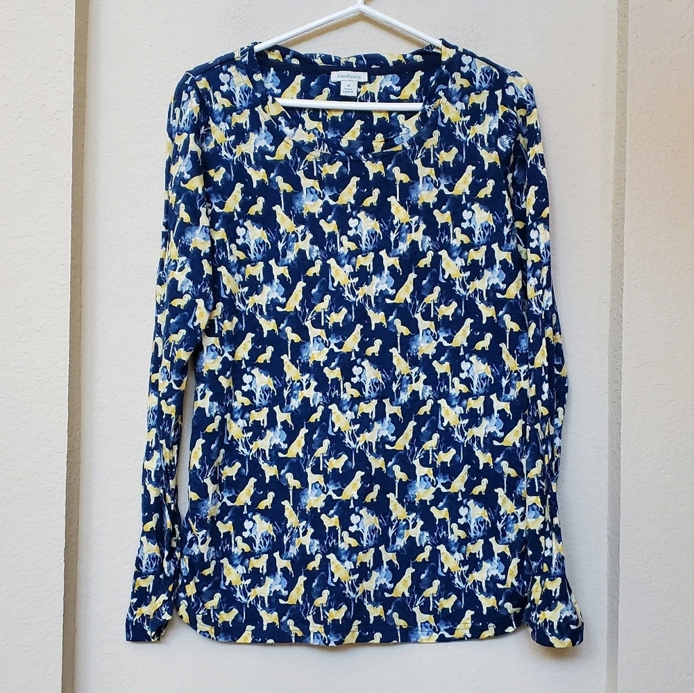 Sundance Dogma Dog Print Ruched Long Sleeves Top.  Size Medium